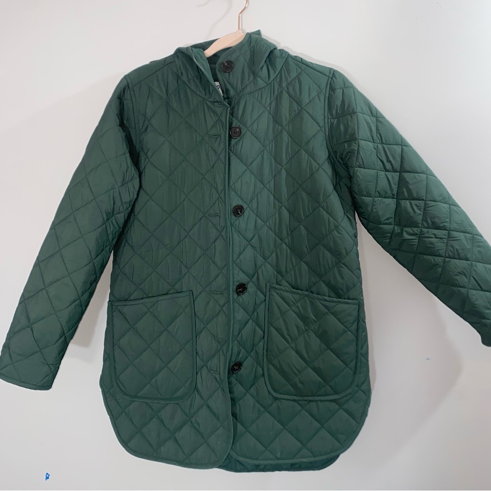 Old Navy Long Liner Quilted Jacket W/hood, Size Small Army Green